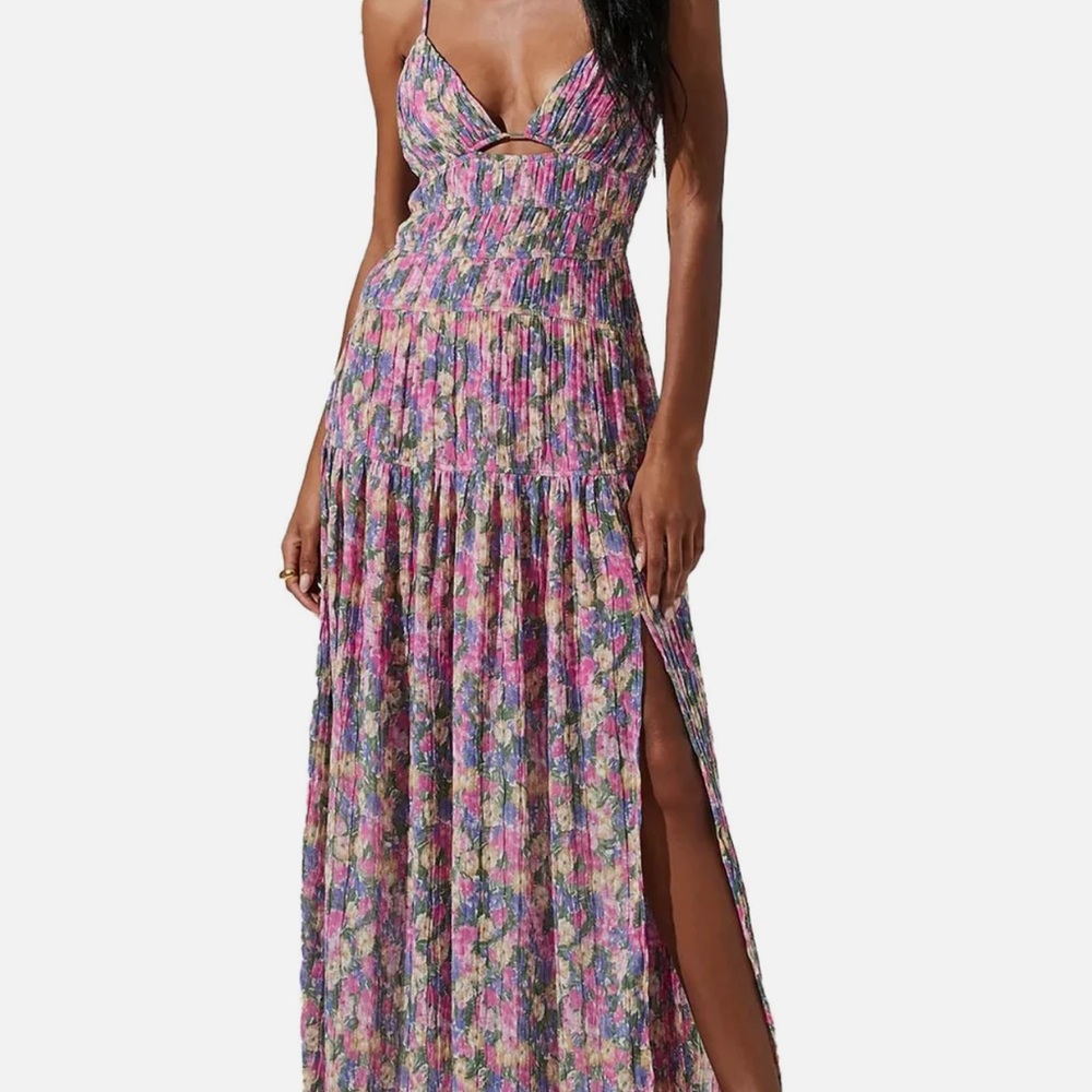 Astr Tropics Plunge Pleated Maxi Dress